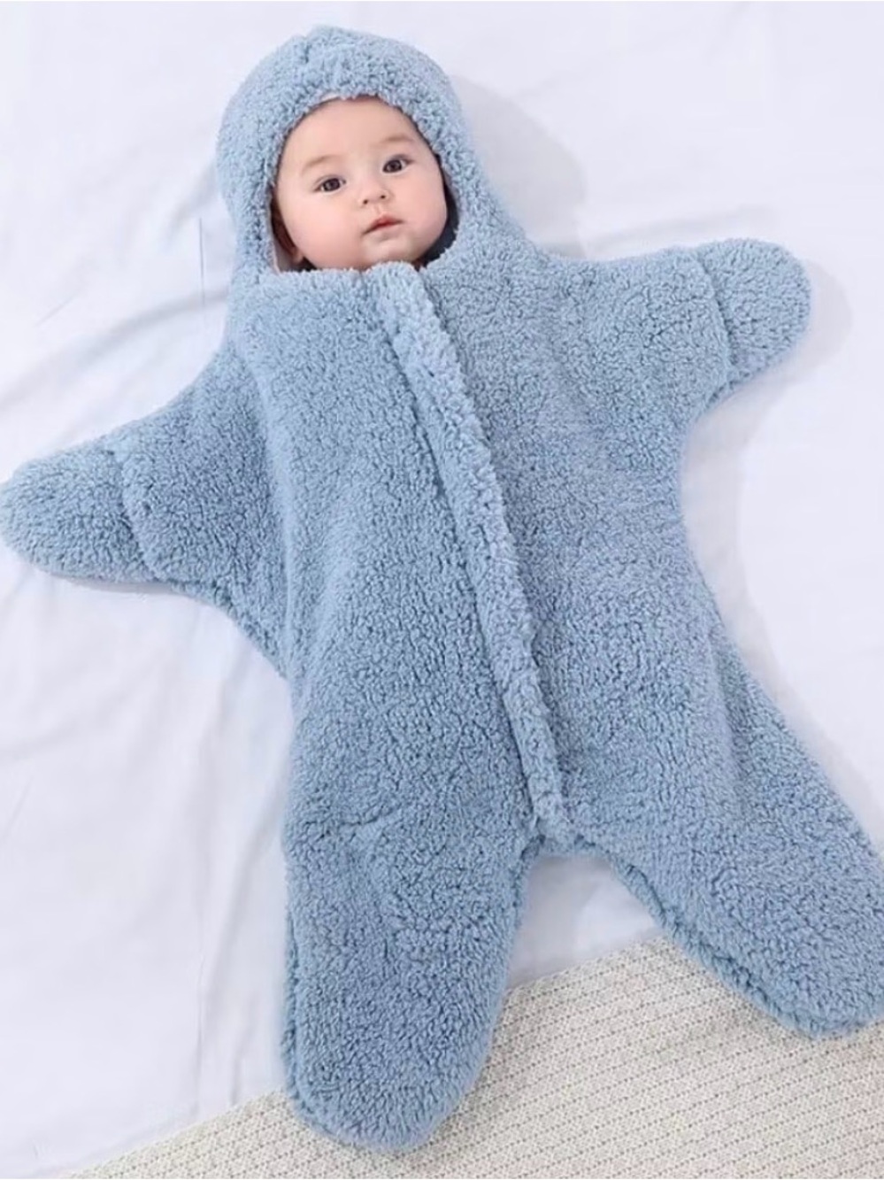 Baby Blue Sherpa Starfish Swaddle Hoodie Pajamas 6 months